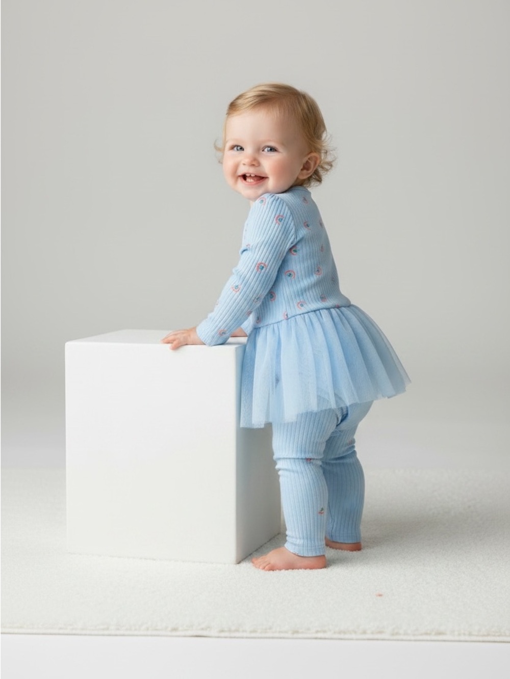 wonder nation Baby Blue Ribbed Rainbow Bodysuit And Tulle Skeggings Set - Picture 7 of 8